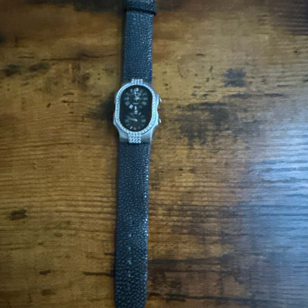 Philip Stein Signature Large Dual Time Teslar Watch with Diamond Bezel